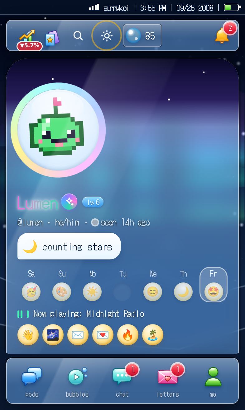A customised Zurbax profile page with widgets, a fish tank and stickers